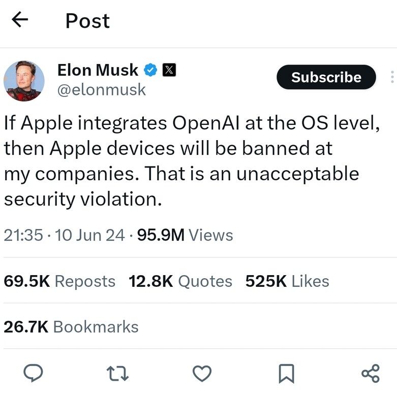 Маск наїхав на Apple за їх можливу інтеграцію з OpenAI на рівні операційної системи. Володимир Бандура poster image